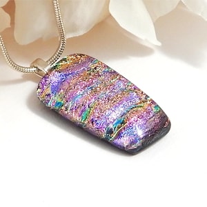 Rainbow Ripple Dichroic Glass Pendant, Fused Glass Jewellery, Random Pattern Art Glass Necklace