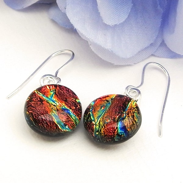 Copper and Rainbow Dichroic Glass Drop Earrings on 925 Sterling Silver Earwires, Fused Glass Jewellery