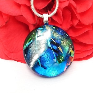 Rich Sky Blue and Multicolour Dichroic Glass Pendant, Fused Glass Necklace, Rainbow Art Glass Jewellery