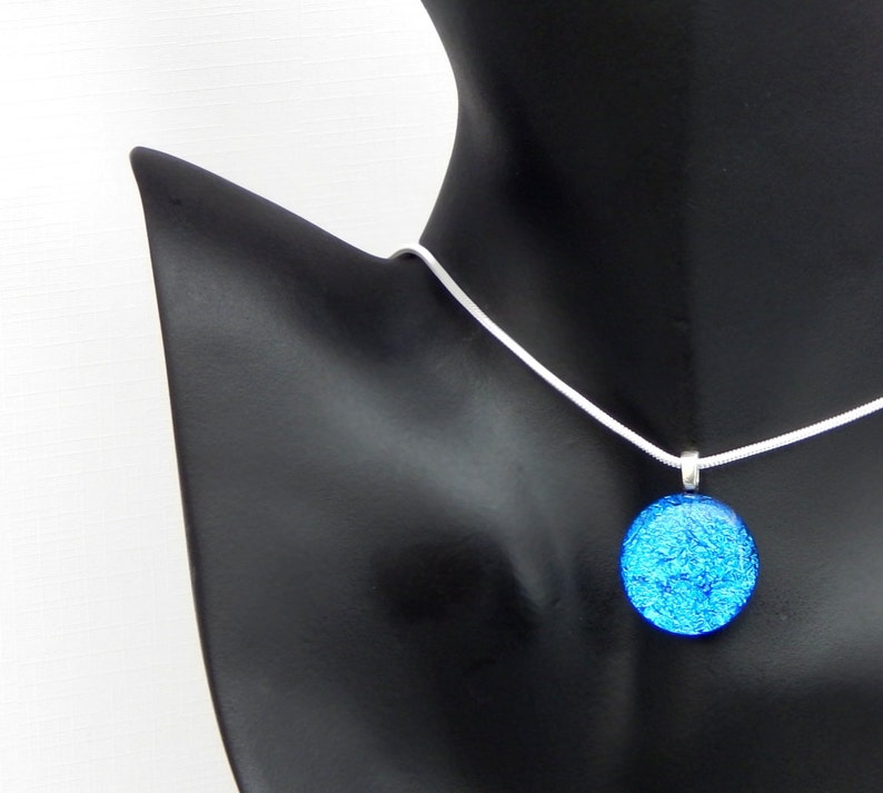 Small Round True Blue Dichroic Glass Pendant Fused Glass Jewelry Blue Glass Necklace image 2
