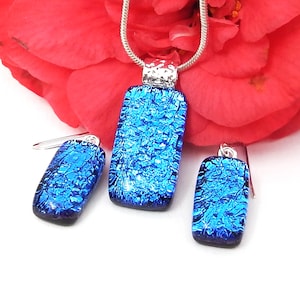 Cobalt Blue Dichroic Glass Pendant and Earring Set