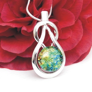 Mottled Golden Green Dichroic Pendant - Fused Glass Jewelry - Gold and Green Art Glass Knot Pendant