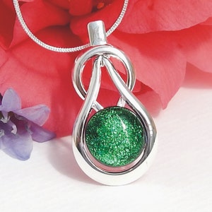 Rich Emerald Green Dichroic Glass Pendant - Fused Glass Jewelry - Art Glass Knot Pendant