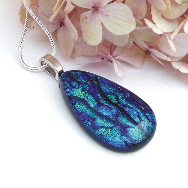 Large Rich Green Blue Ripple Dichroic Glass Pendant, Fused Glass Jewelry, Emerald Green and Cobalt Blue Dichroic Glass Droplet Necklace
