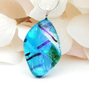 Dichroic Glass Pendant, Blue Green and Silver Dichroic Glass Necklace, Multicolour Fused Glass Jewellery