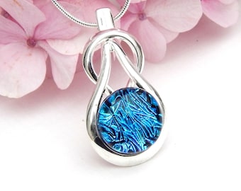 Cobalt Blue Dichroic Glass Pendant: Silver Plated Knot Jewelry