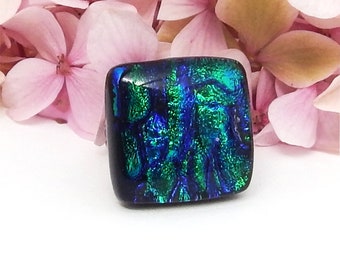 Green and Blue Ripple Dichroic Glass Ring - Fused Glass Jewellery - Adjustable Glass Cocktail Ring