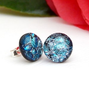 Teal Dichroic Glass Stud Earrings: Sterling Silver Jewellery