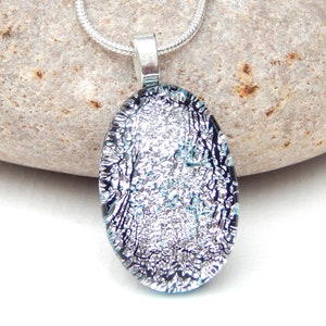 Simple Silver Dichroic Glass Pendant, Fused Glass Jewelry, Elegant Oval Silver Art Glass Necklace, Wedding Jewellery
