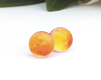 Stunning Golden Orange Dichroic Glass Stud Earrings on 925 Sterling Silver, Vivid Orange Sherbet Sparkle Mini Post Earrings