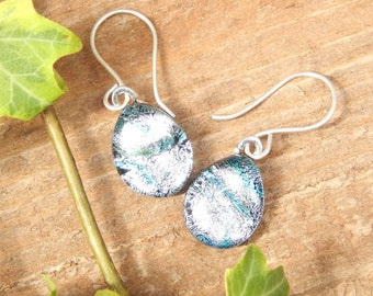Silver and Teal Dichroic Glass Drop Earrings on 925 Sterling Silver Earwires, Fused Glass Jewelry, Silver Art Glass Dangle Earrings