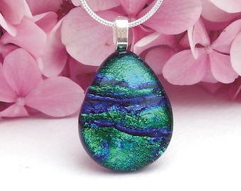 Rich Green Blue Ripple Dichroic Glass Pendant, Fused Glass Jewelry, Emerald Green and Cobalt Blue Dichroic Glass Droplet Necklace