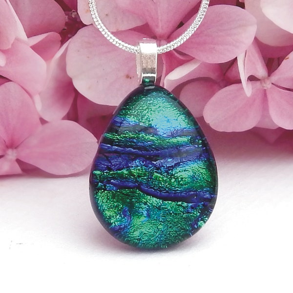 Rich Green Blue Ripple Dichroic Glass Pendant, Fused Glass Jewelry, Emerald Green and Cobalt Blue Dichroic Glass Droplet Necklace