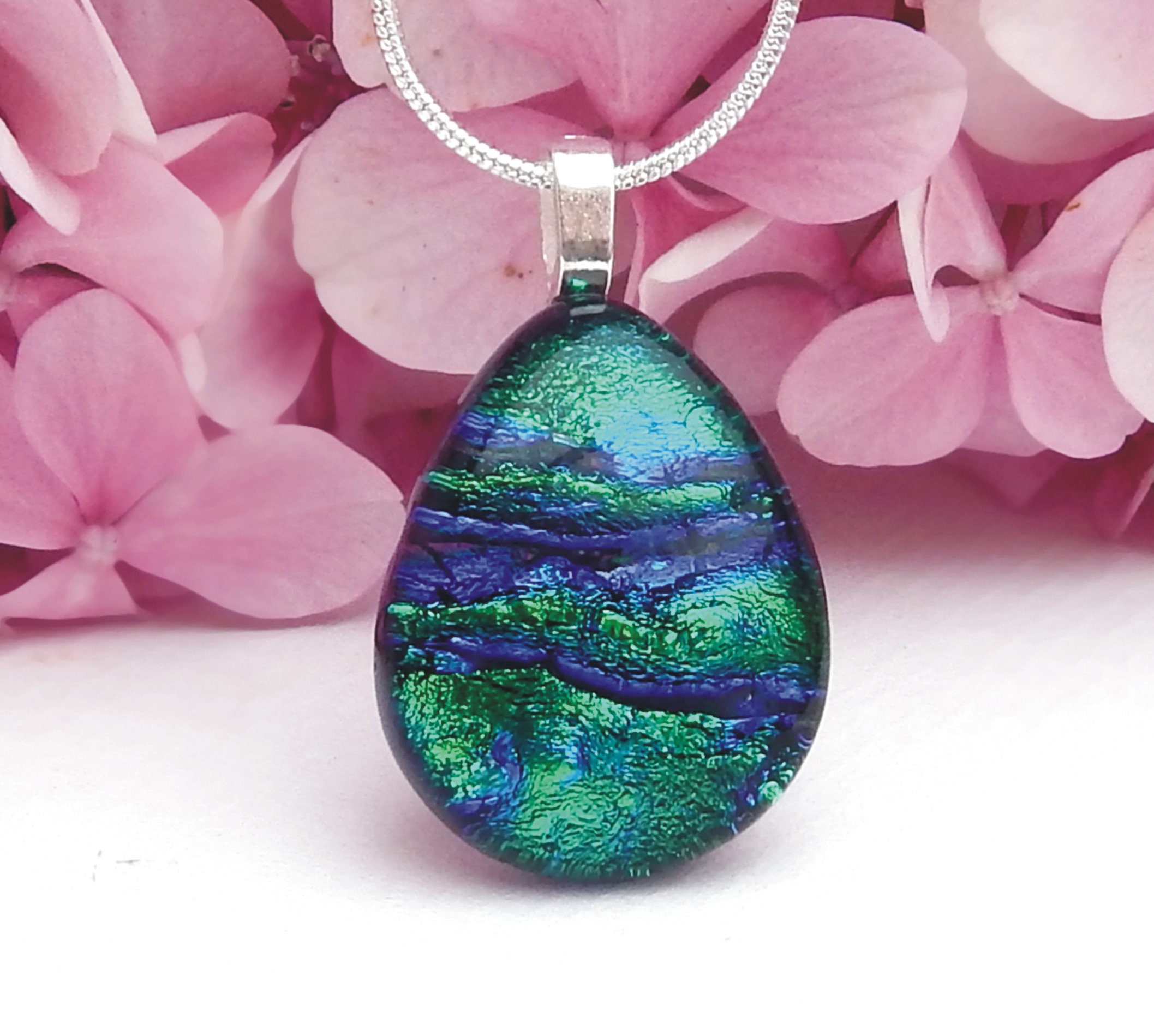 Dichroic Glass Pendant Necklace - Black/Green/Blue — Gallery 1