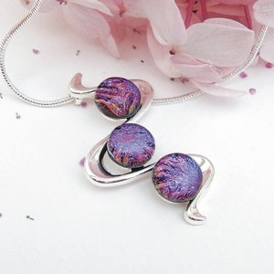 Vibrant Pink Purple Dichroic Glass Pendant Fused Glass Jewelry Multi Cab Pink Glass Silver Plated Necklace image 4