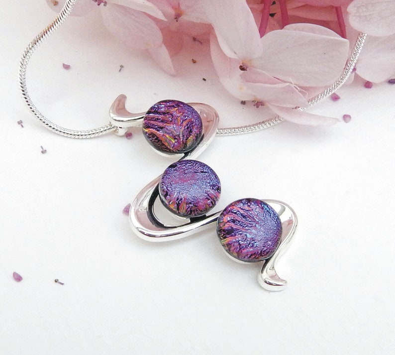 Vibrant Pink Purple Dichroic Glass Pendant Fused Glass Jewelry Multi Cab Pink Glass Silver Plated Necklace image 4