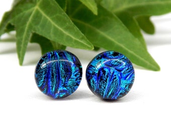Blue Stud Earrings - Fused Glass Jewelry - Blue Dichroic Glass Post Earrings on 925 Sterling Silver
