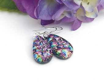 Dichroic Glass Dangle Earrings: Rainbow Teardrop Sterling Silver