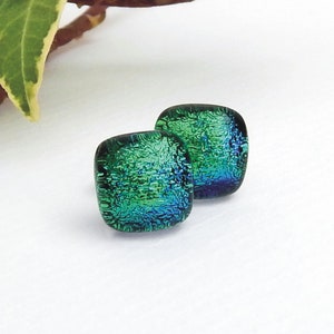 Emerald Green Dichroic Glass Stud Earrings on 925 Sterling Silver Posts, Fused Glass Jewellery