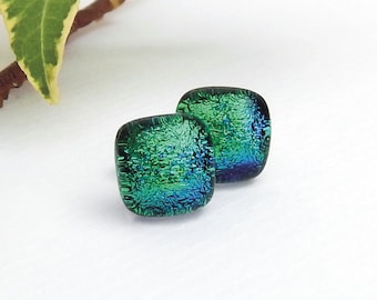 Emerald Green Dichroic Glass Stud Earrings on 925 Sterling Silver Posts, Fused Glass Jewellery