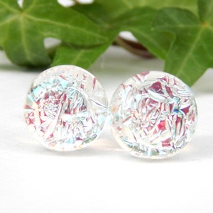 Crystal Clear Dichroic Glass Stud Earrings With a Hint of Blue on Sterling Silver Earwires, Fused Glass Jewelry, Silver Blue Post Earrings