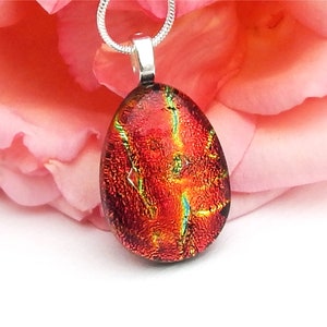 Copper Dichroic Glass Teardrop Pendant - Fused Glass Jewelry - Golden Glass Necklace