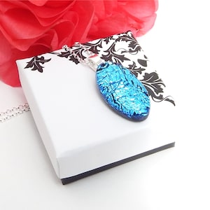 925 Sterling Silver Rich Sky Blue Dichroic Glass Pendant, Fused Glass Jewellery