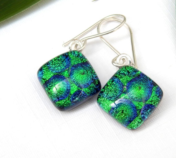 Green and Blue Dichroic Glass Drop Earrings Fused Glass | Etsy