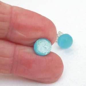 Pair of Dichroic Glass Stud Earrings on 925 Sterling Silver, Baby Blue and Silver Sparkle Mini Post Earrings
