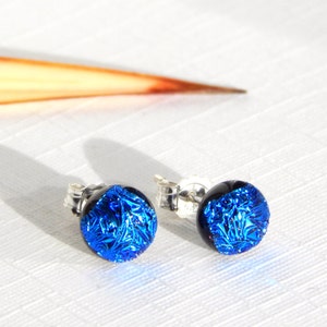 True Blue Dichroic Glass Small Stud Earrings - Sterling Silver Post Earrings - Blue Glass Jewelry