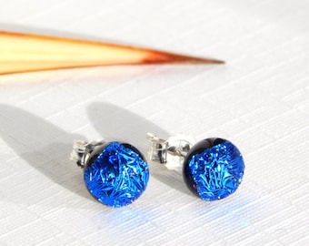 True Blue Dichroic Glass Small Stud Earrings - Sterling Silver Post Earrings - Blue Glass Jewelry