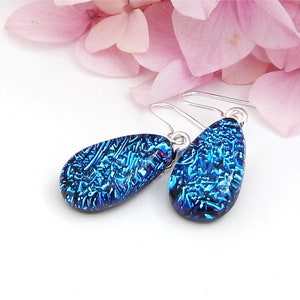 Blue Tear Drop Earrings, Dichroic Glass Droplet Earrings, Fused Glass Jewellery, Blue Art Glass Dangle Earrings on 925 Sterling Silver