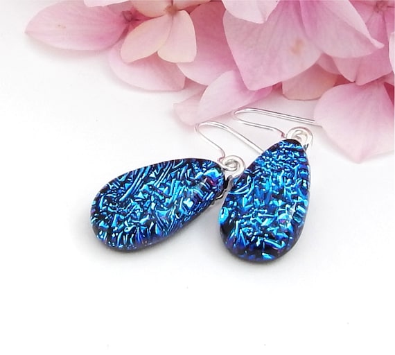 Blue Tear Drop Earrings Dichroic Glass Droplet Earrings Fused Glass Jewellery Blue Art Glass Dangle Earrings on 925 Sterling Silver Etsy Australia