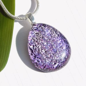Mauve Dichroic Glass Teardrop Pendant - Fused Glass Jewelry - Pink Glass Droplet Necklace
