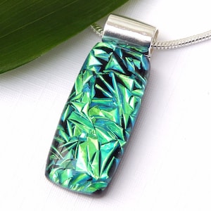 Super Sparkly Emerald Green Dichroic Glass Necklace - Fused Glass Jewelry - Green Art Glass Pendant