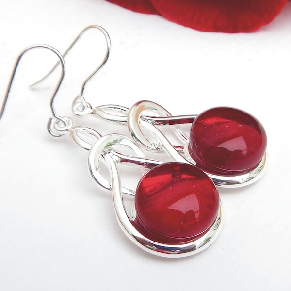 Scarlet Fused Glass Knot Design Drop Earrings, Red Art Glass Dangle Earrings on 925 Sterling Silver Earwires