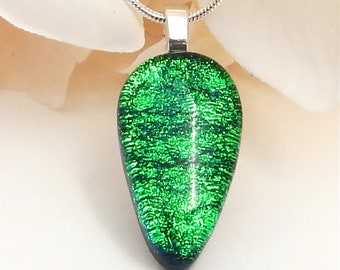 Kelly Green Dichroic Glass Pendant - Fused Glass Jewelry - Green Glass Necklace