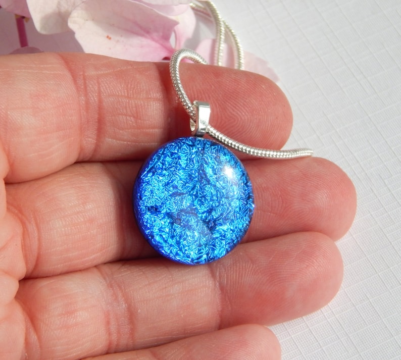 Small Round True Blue Dichroic Glass Pendant Fused Glass Jewelry Blue Glass Necklace image 4