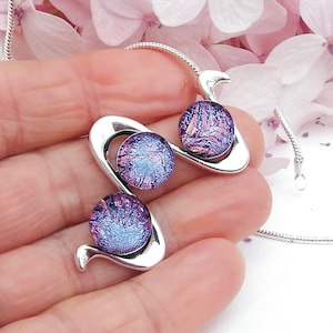 Vibrant Pink Purple Dichroic Glass Pendant Fused Glass Jewelry Multi Cab Pink Glass Silver Plated Necklace image 5