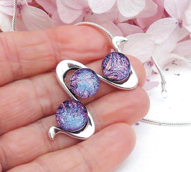Vibrant Pink Purple Dichroic Glass Pendant Fused Glass Jewelry Multi Cab Pink Glass Silver Plated Necklace image 5