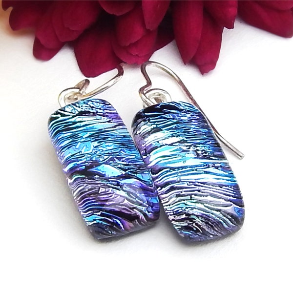 Purple Blue and Rainbow Dichroic Glass Drop Earrings on 925 Sterling Silver Wires, Fused Glass Jewellery, Multicolour Glass Dangle Earrings