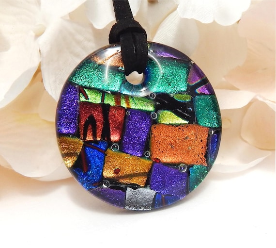 Multicolor Glass Pendant Necklace with Black Cord Multicolor Glass Pendant Necklace with Black Cord