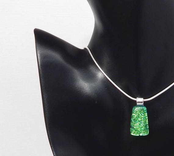 Sterling Silver Wire Wrapped Dichroic Glass Pendant | Memorial Jewelry Oxidized (dark) / Green / in Backing