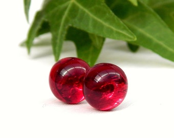 Cherry Red Art Glass Stud Earrings: Sterling Silver Posts, Handmade Jewellery
