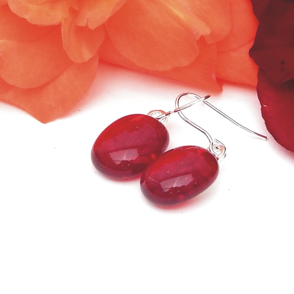 Rich Scarlet Art Glass Drop Earrings on 925 Sterling Silver Wires, Fused Glass Jewellery, Vibrant Red Glass Dangle Earrings, Valentine Gift