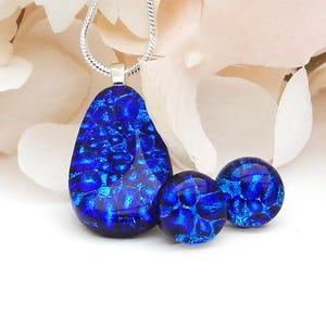 Two Tone Blue Dichroic Glass Pendant and Earring Set, Fused Glass Jewellery, Art Glass Necklace and Stud Earring Set