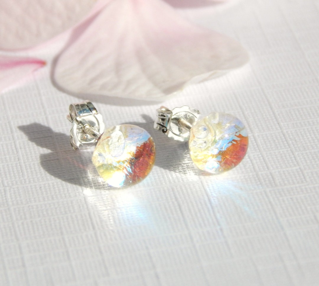 Tiny Sterling Silver Stud Earrings Dichroic Glass Post - Etsy