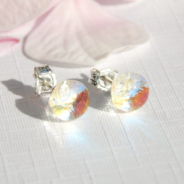 Tiny Sterling Silver Stud Earrings - Dichroic Glass Post Earrings - Fused Glass Jewelry - 925 Sterling Silver