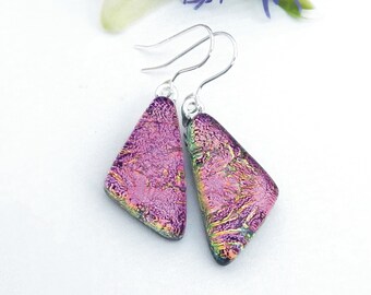 Pink Dichroic Glass Earrings, Sterling Silver, Fused Jewellery