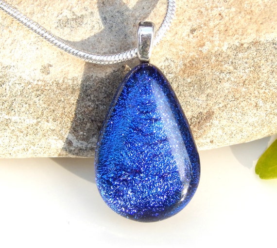 Dichroic Glass Teardrop Pendant: Royal Blue Fused Glass Necklace